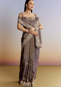 Lavender Tissue Saree With Zardosi And Gota Work