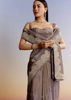 Lavender Tissue Saree With Zardosi And Gota Work