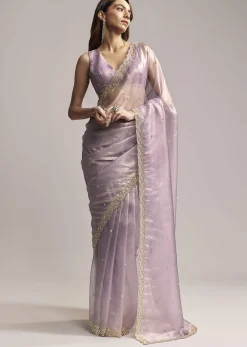 Lavender Tissue Saree With Cutdana And Butti Embroidery