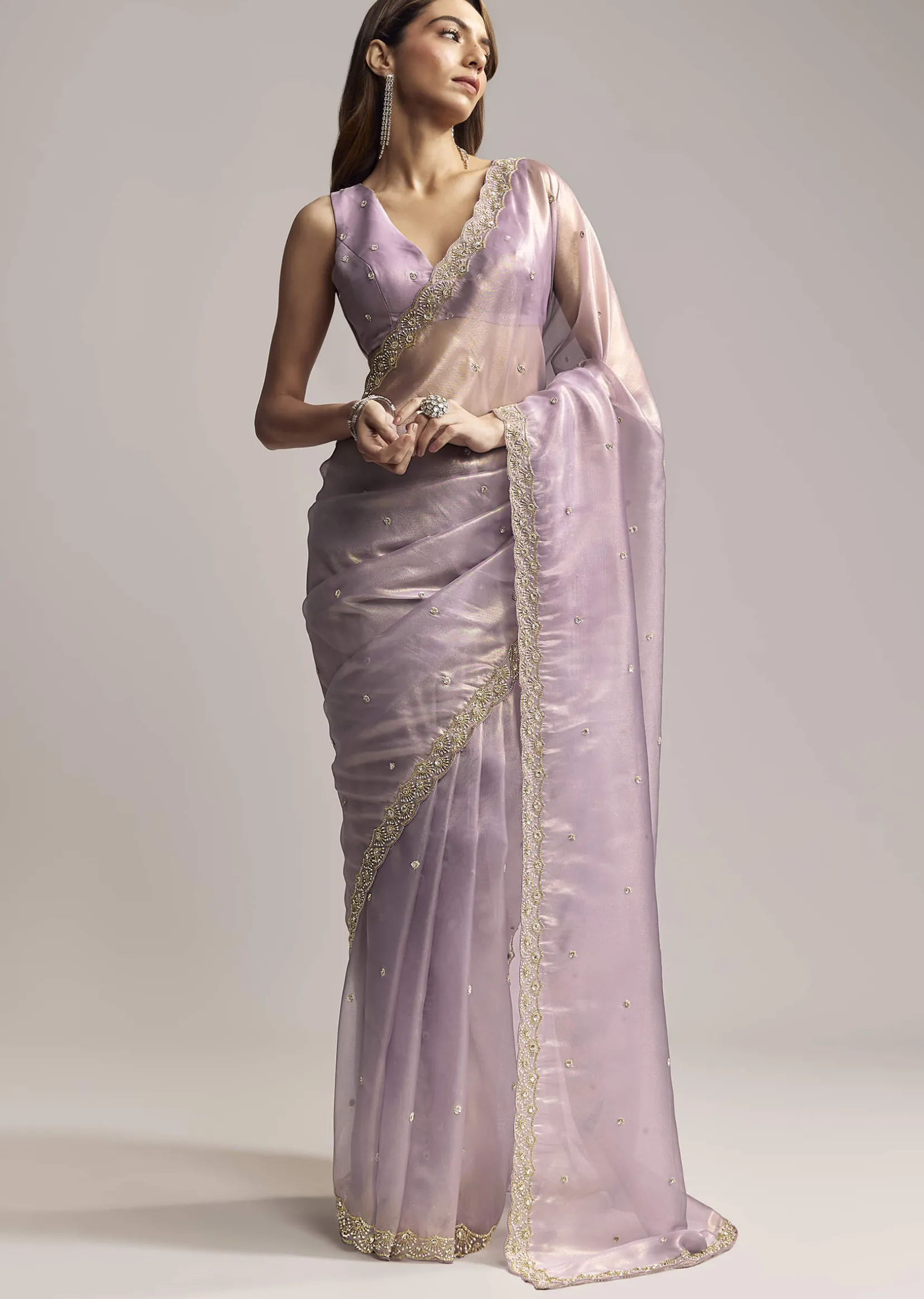 Lavender Tissue Saree With Cutdana And Butti Embroidery