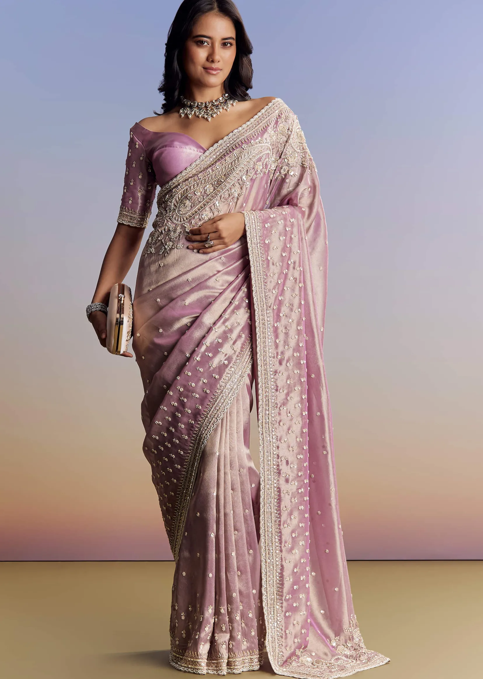 Lavender Tissue Saree With Cutdana Sequin And Bead Embroidery