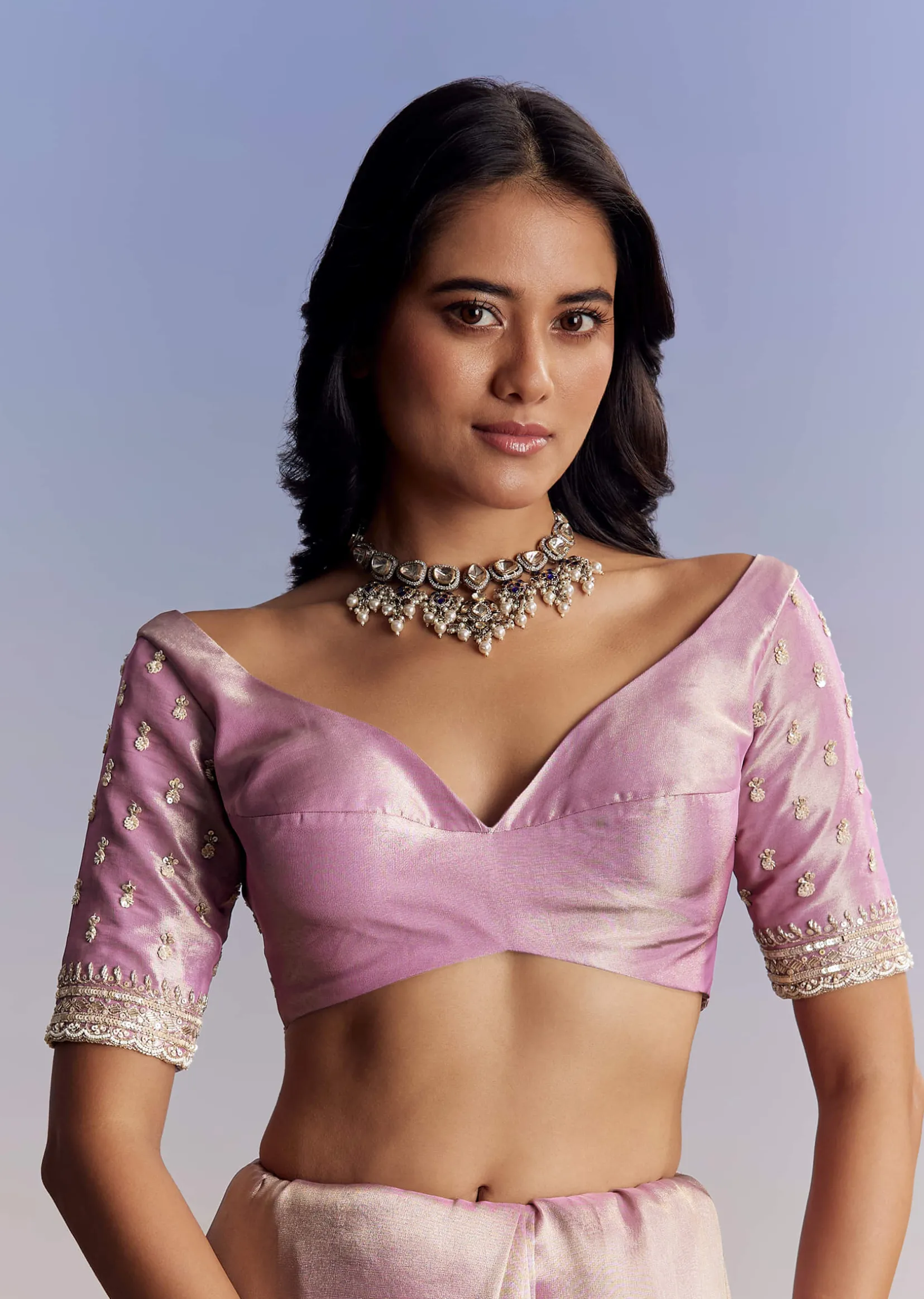 Lavender Tissue Saree With Cutdana Sequin And Bead Embroidery