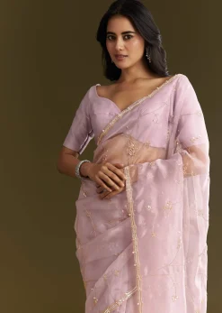 Lavender Tissue Saree With Cutdana And Sequins Embroidery And Scallop Border