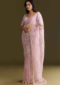 Lavender Tissue Saree With Cutdana And Sequins Embroidery And Scallop Border