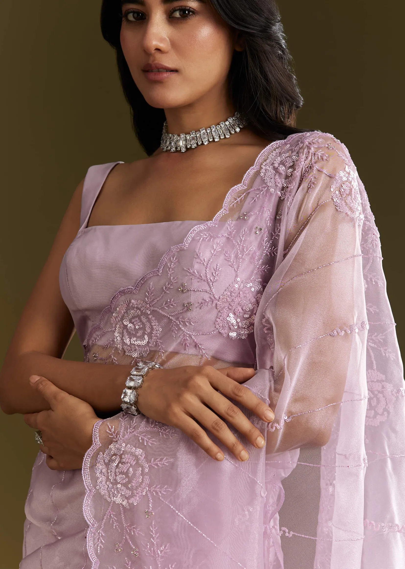 Lavender Tissue Saree With Floral Embroidery And Scallop Border