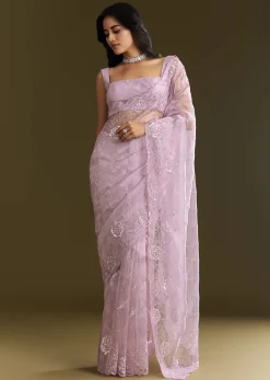Lavender Tissue Saree With Floral Embroidery And Scallop Border