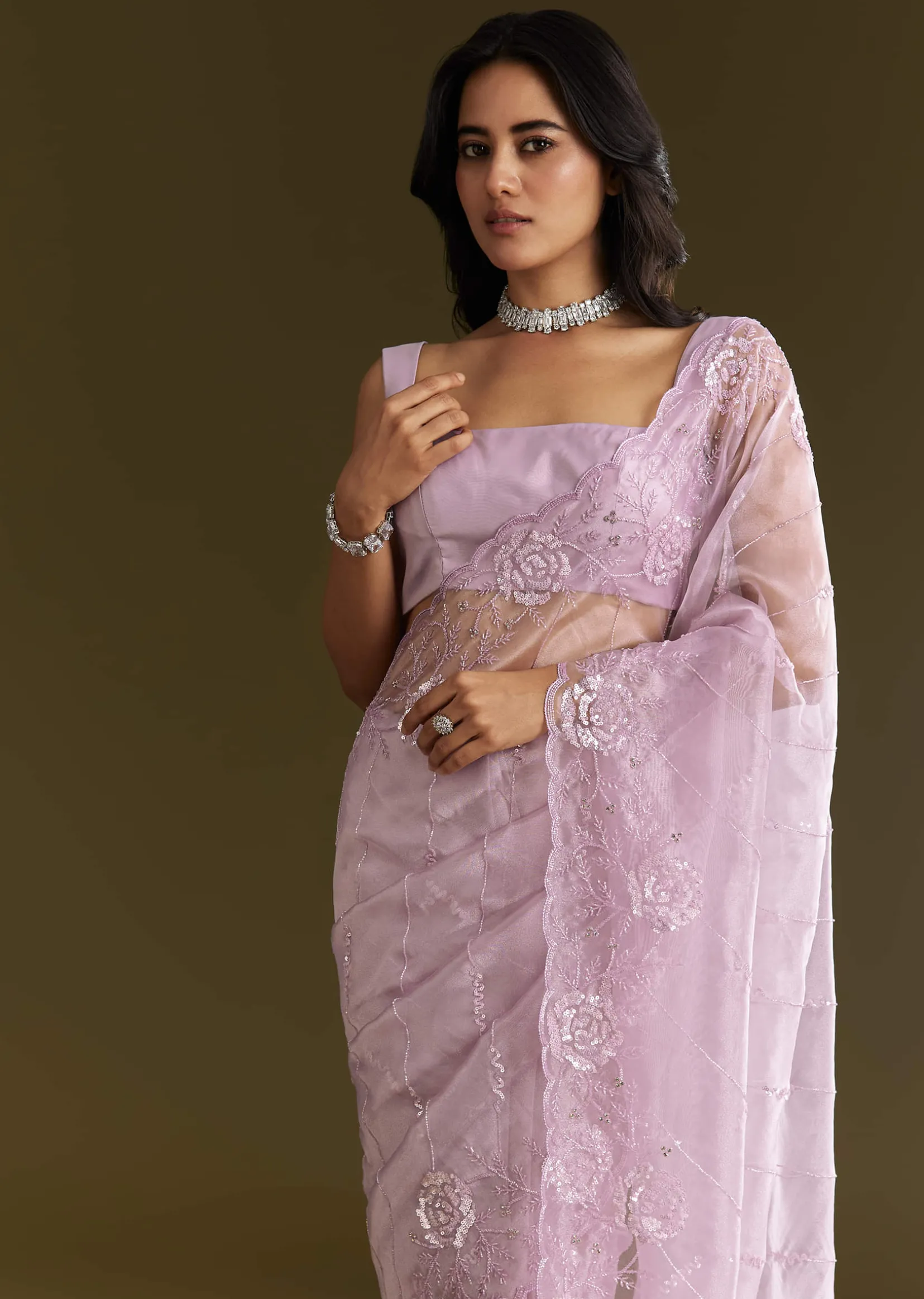 Lavender Tissue Saree With Floral Embroidery And Scallop Border