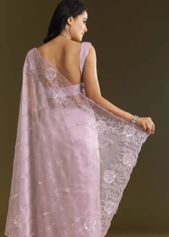 Lavender Tissue Saree With Floral Embroidery And Scallop Border