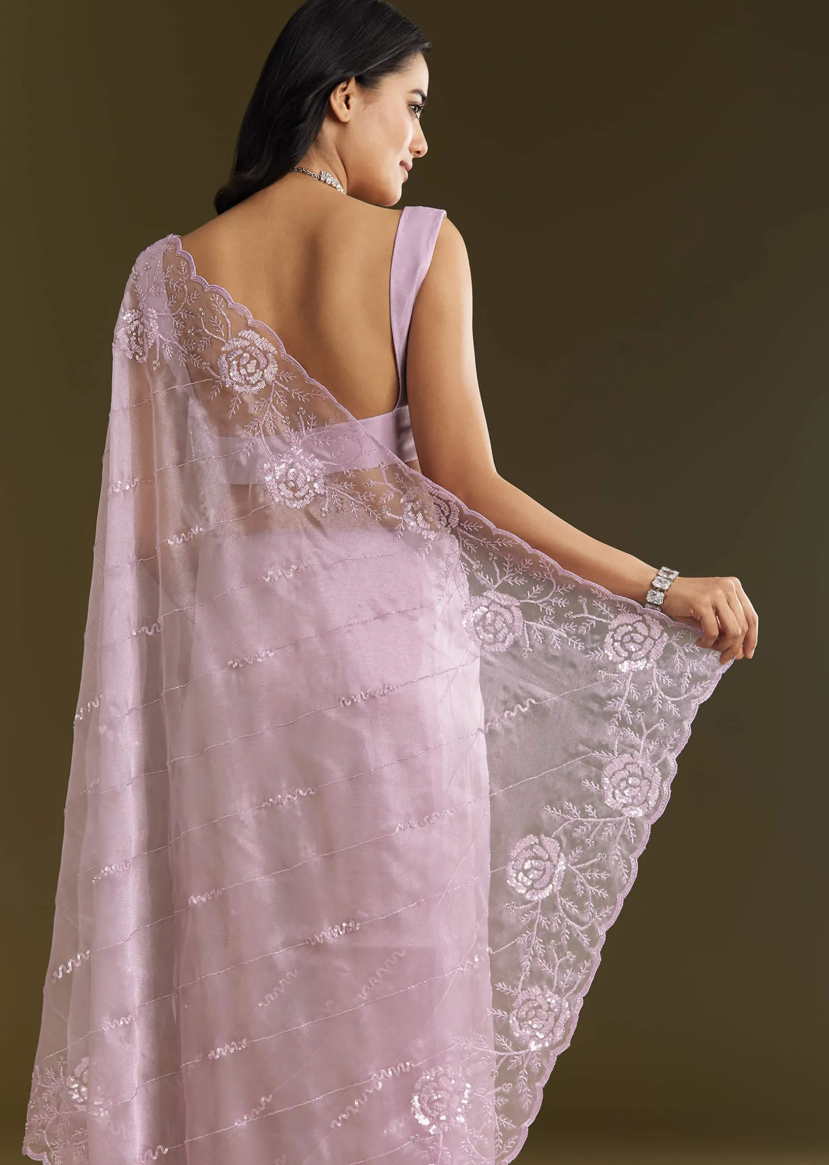 Lavender Tissue Saree With Floral Embroidery And Scallop Border