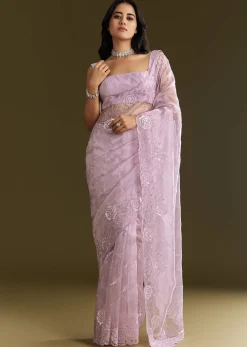 Lavender Tissue Saree With Floral Embroidery And Scallop Border