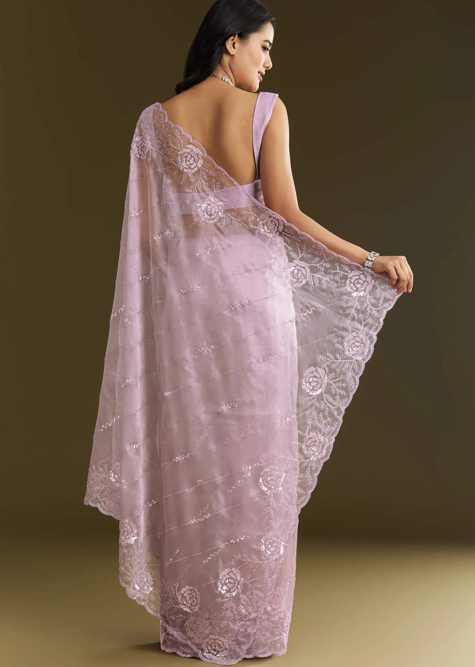 Lavender Tissue Saree With Floral Embroidery And Scallop Border
