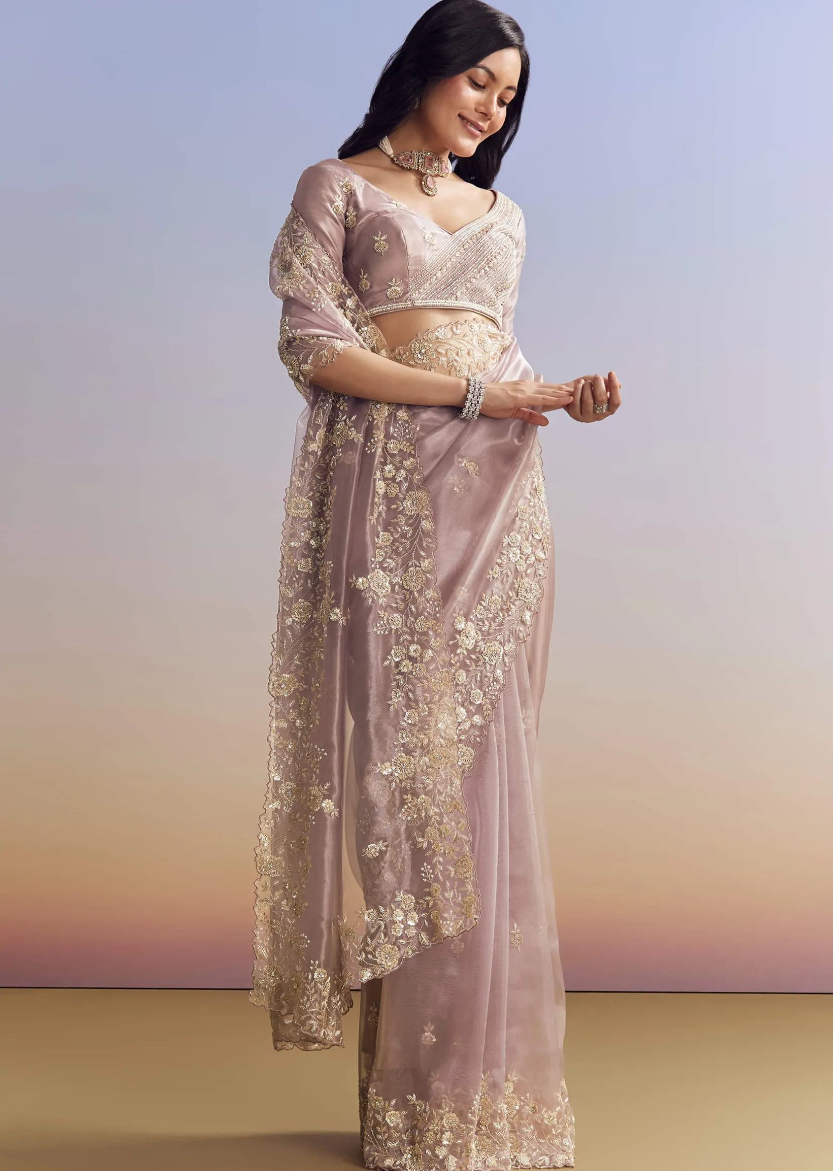 Lavender Tissue Saree With Floral Motifs In Moti Beads And Sequins