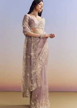 Lavender Tissue Saree With Floral Motifs In Moti Beads And Sequins