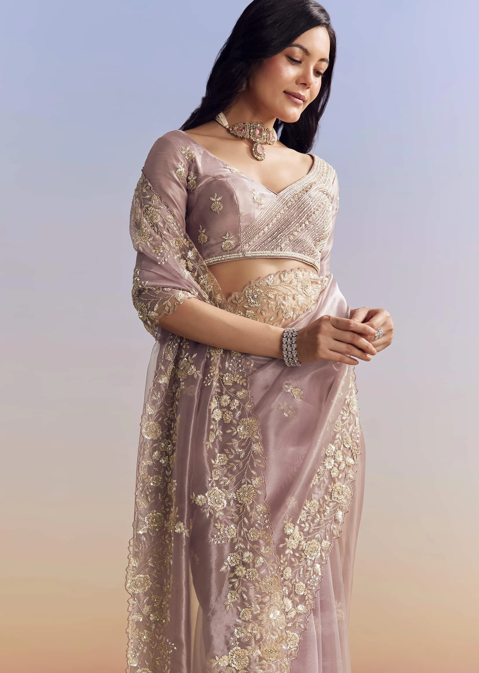 Lavender Tissue Saree With Floral Motifs In Moti Beads And Sequins