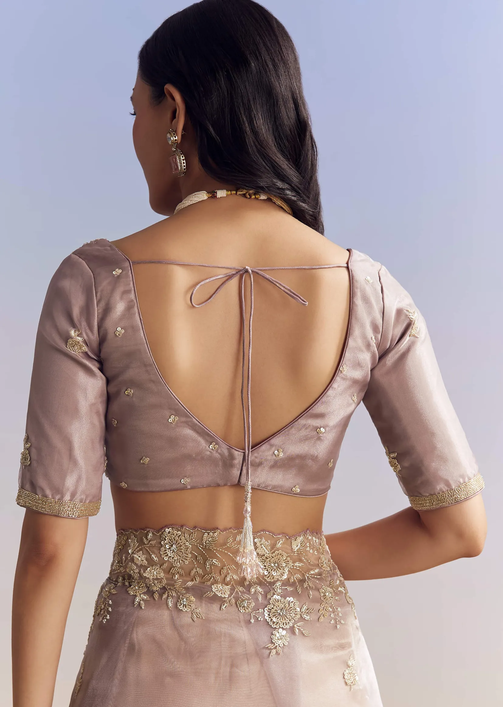 Lavender Tissue Saree With Floral Motifs In Moti Beads And Sequins