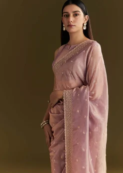 Lavender Tissue Silk Embroidered Saree With Scallop Border