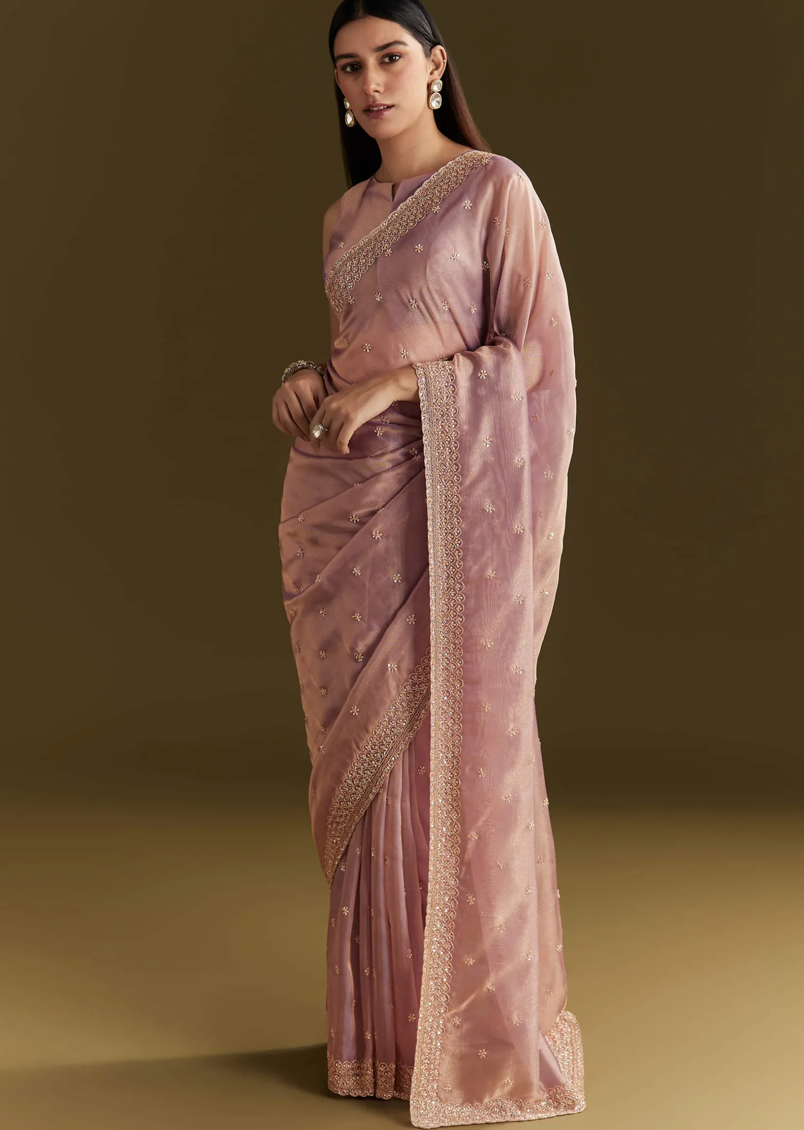 Lavender Tissue Silk Embroidered Saree With Scallop Border