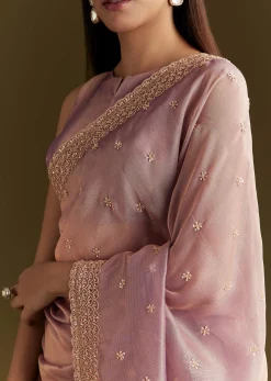 Lavender Tissue Silk Embroidered Saree With Scallop Border