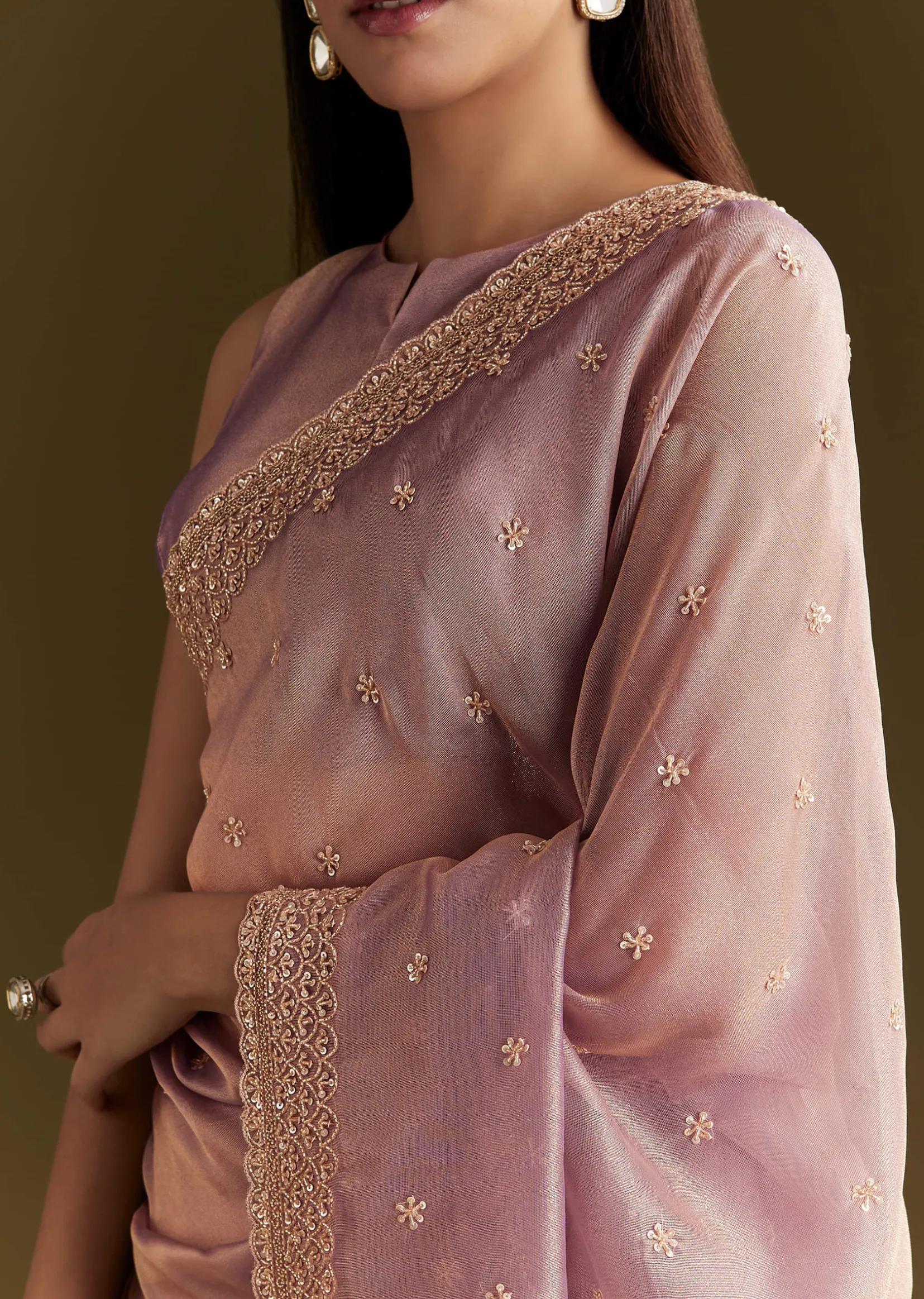 Lavender Tissue Silk Embroidered Saree With Scallop Border