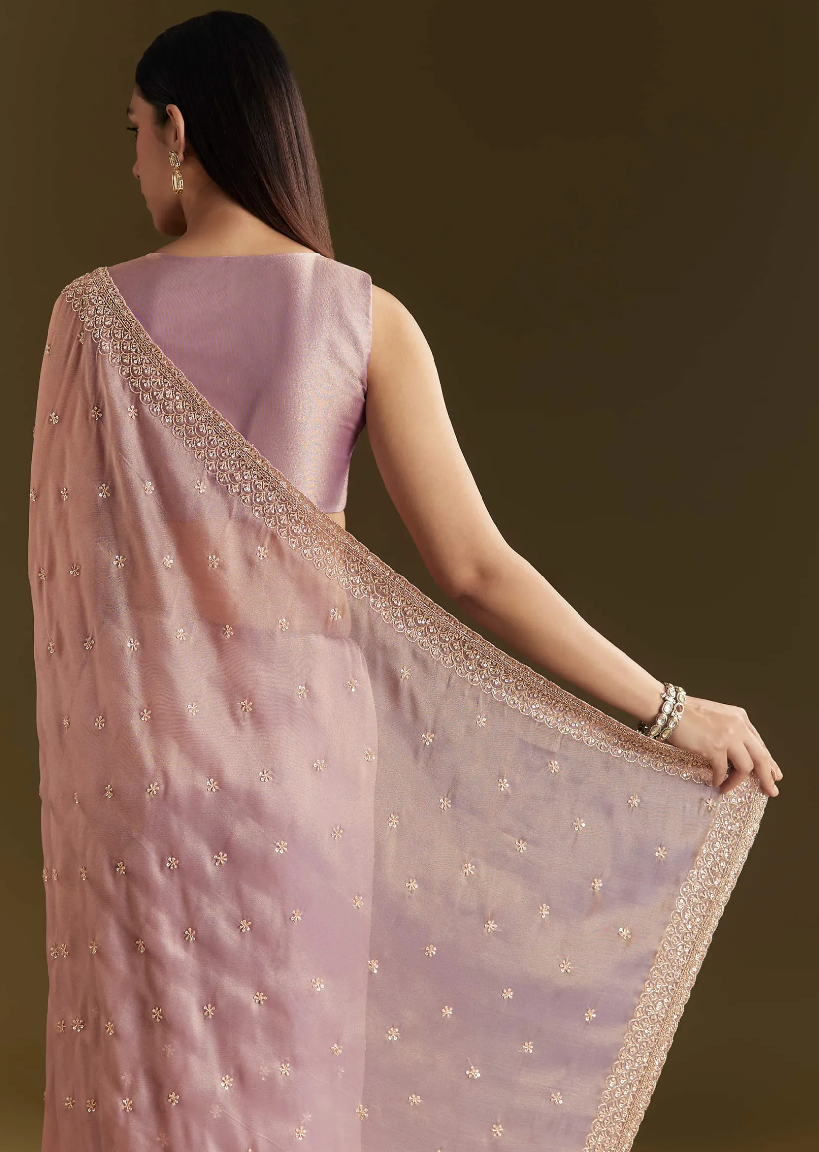 Lavender Tissue Silk Embroidered Saree With Scallop Border