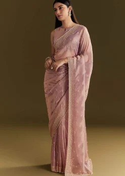 Lavender Tissue Silk Embroidered Saree With Scallop Border