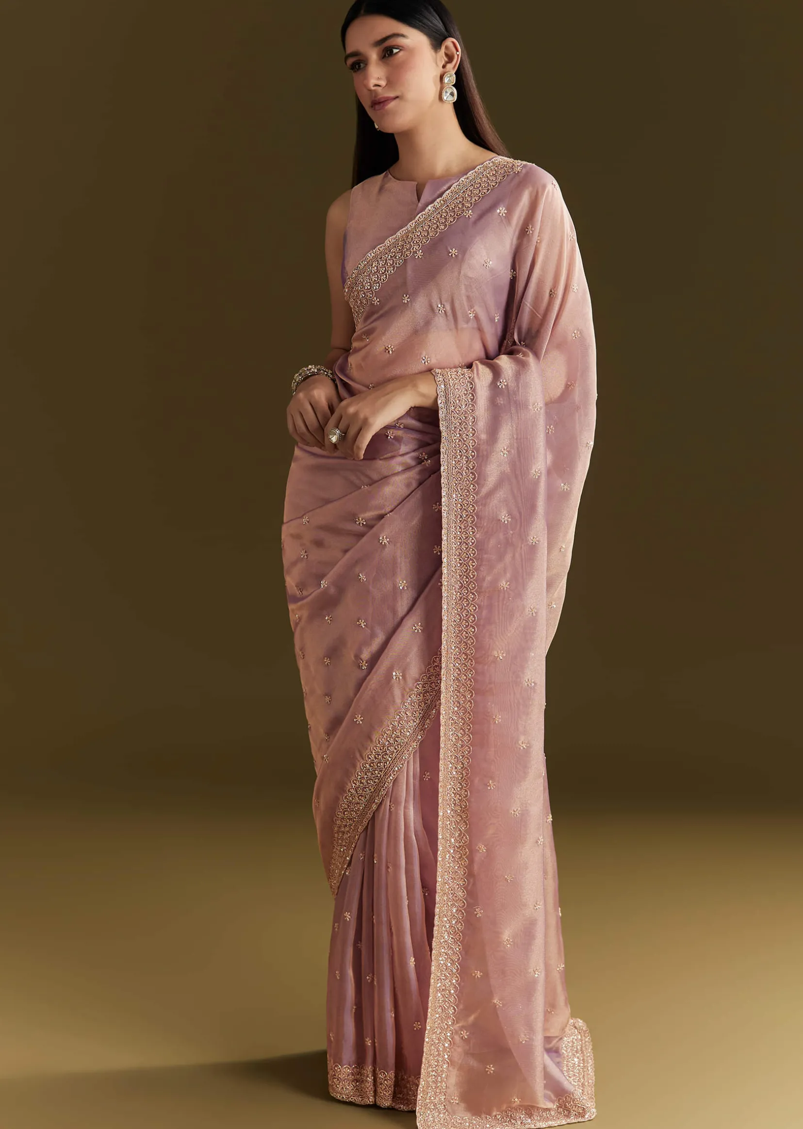 Lavender Tissue Silk Embroidered Saree With Scallop Border