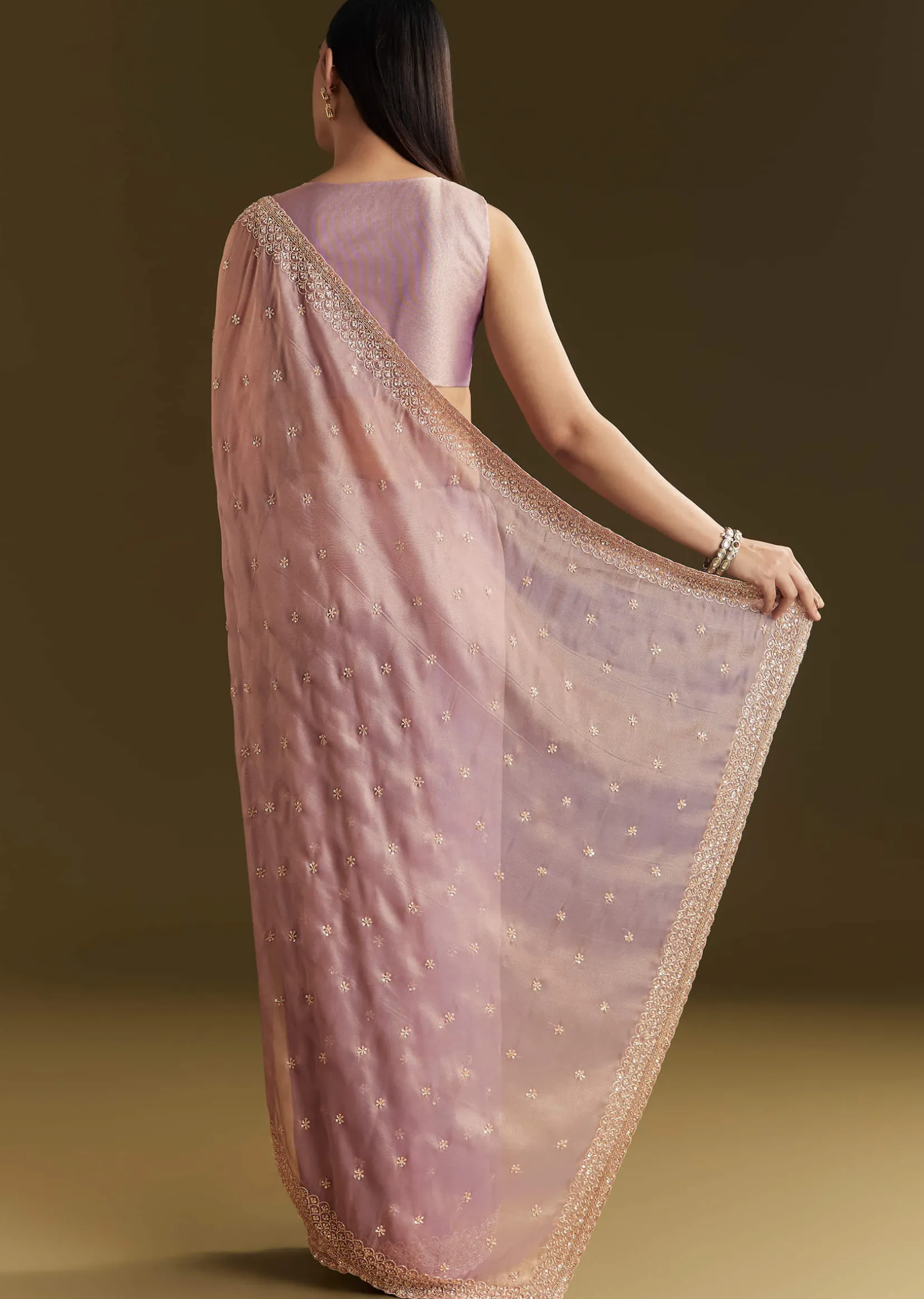 Lavender Tissue Silk Embroidered Saree With Scallop Border