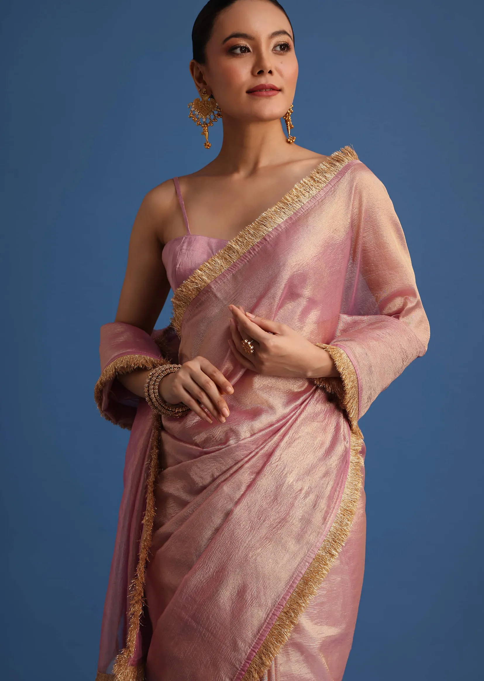 Lavender Tissue Silk Saree With Zari Frill Lace Border