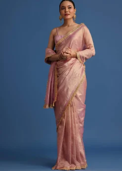Lavender Tissue Silk Saree With Zari Frill Lace Border