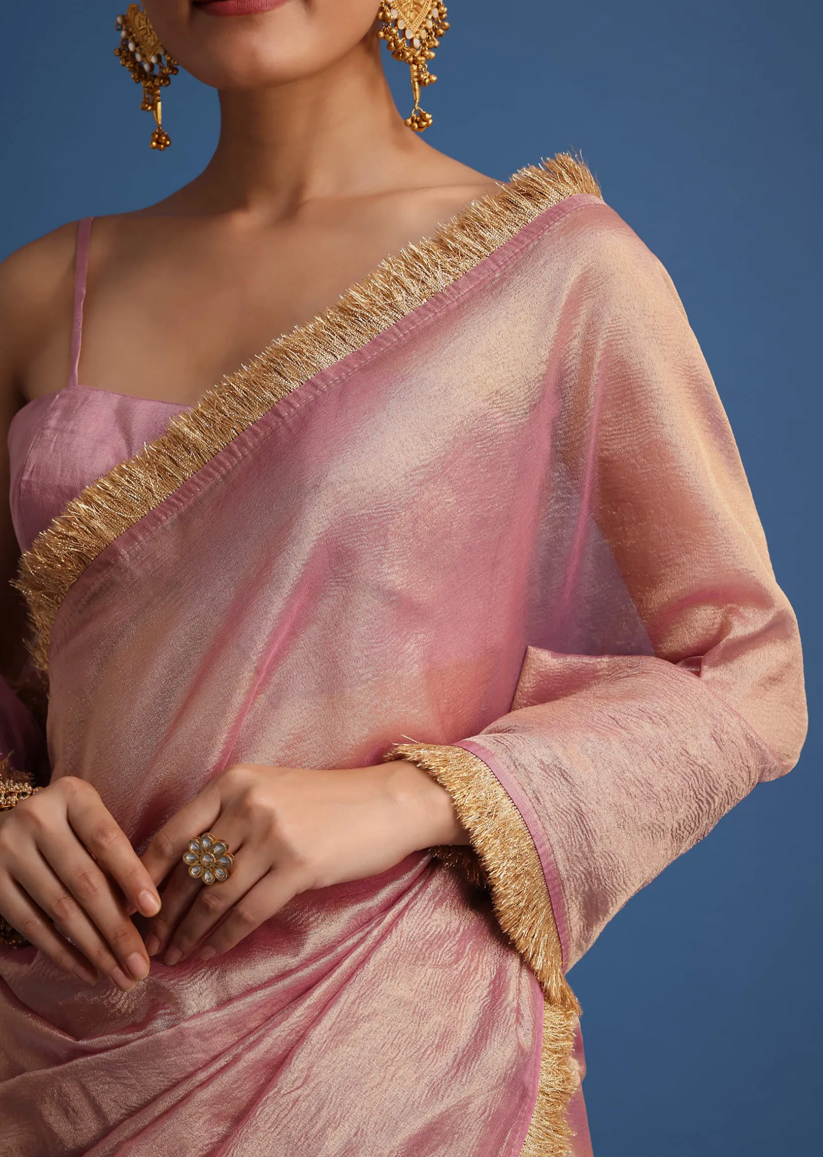 Lavender Tissue Silk Saree With Zari Frill Lace Border