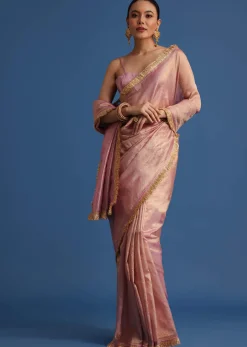 Lavender Tissue Silk Saree With Zari Frill Lace Border