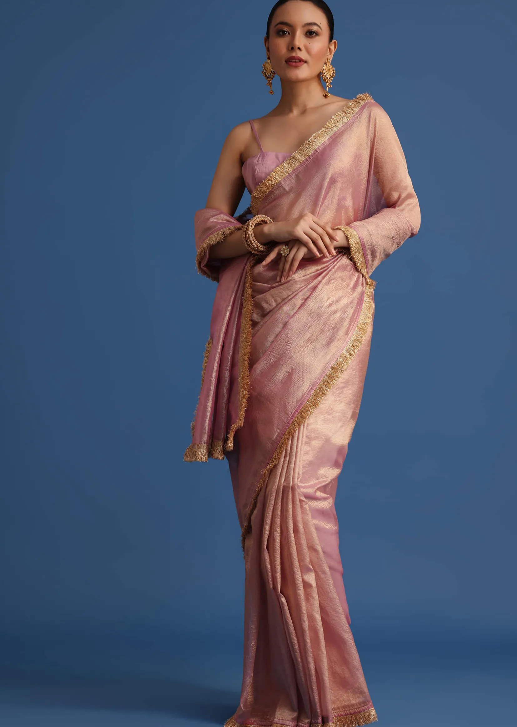 Lavender Tissue Silk Saree With Zari Frill Lace Border