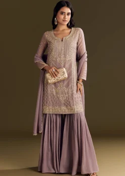 Lavender Tissue Zardosi Embroidered Kurta Set With Organza Dupatta