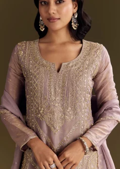 Lavender Tissue Zardosi Embroidered Kurta Set With Organza Dupatta