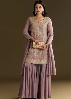 Lavender Tissue Zardosi Embroidered Kurta Set With Organza Dupatta