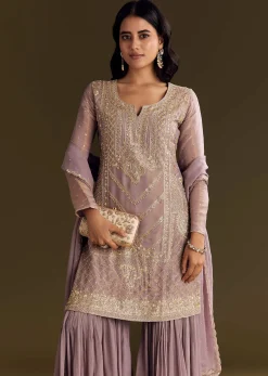 Lavender Tissue Zardosi Embroidered Kurta Set With Organza Dupatta