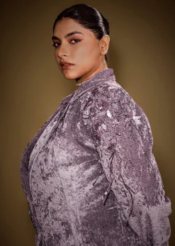 Lavender Velvet Indo Western Set With Embellished Blazer