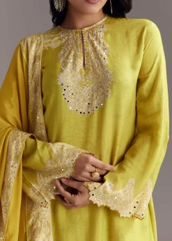 Lemon Green Printed Palazzo Set With Mirror Work