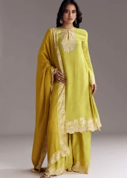 Lemon Green Printed Palazzo Set With Mirror Work