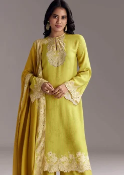 Lemon Green Printed Palazzo Set With Mirror Work