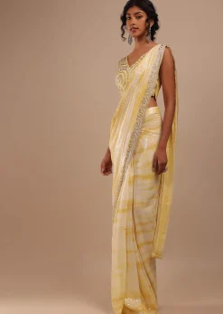 Lemon Yellow And Off-White Ombre Ready To Wear Sequins Saree With Multi-Color Beads Embellishment In Floral Detailing On Pallu Border