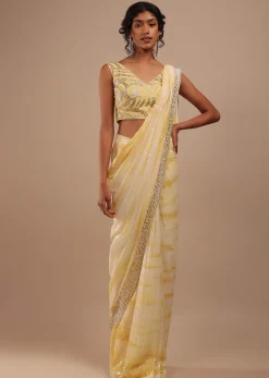 Lemon Yellow And Off-White Ombre Ready To Wear Sequins Saree With Multi-Color Beads Embellishment In Floral Detailing On Pallu Border