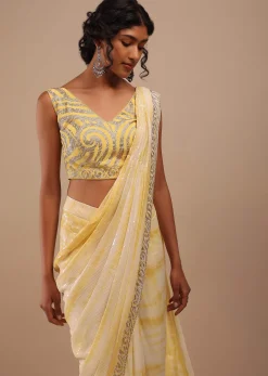 Lemon Yellow And Off-White Ombre Ready To Wear Sequins Saree With Multi-Color Beads Embellishment In Floral Detailing On Pallu Border
