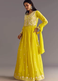 Lemon Yellow Chinon Anarkali With Moti And Sequins Embroidery