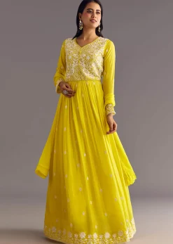 Lemon Yellow Chinon Anarkali With Moti And Sequins Embroidery