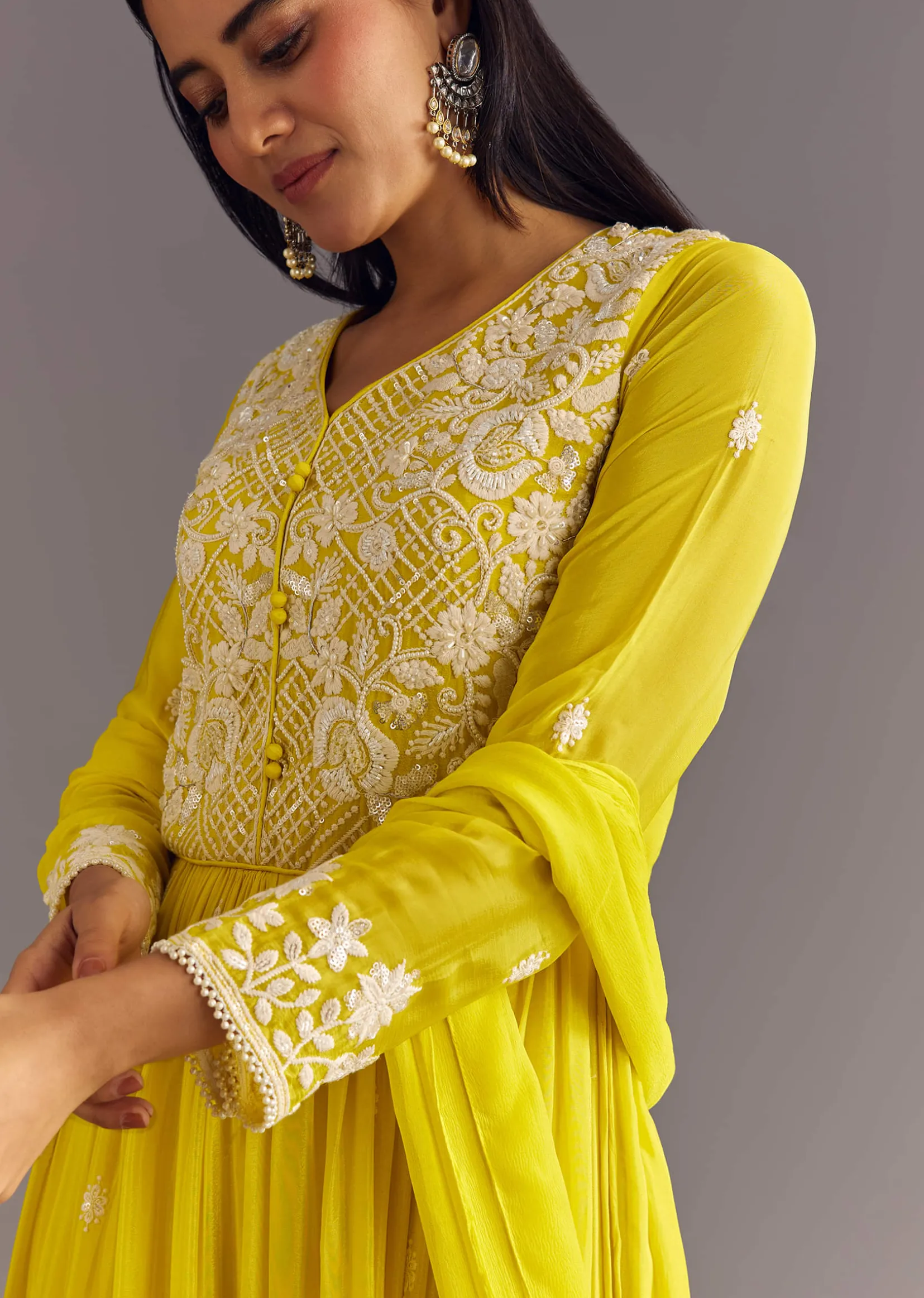 Lemon Yellow Chinon Anarkali With Moti And Sequins Embroidery