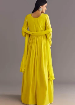 Lemon Yellow Chinon Anarkali With Moti And Sequins Embroidery