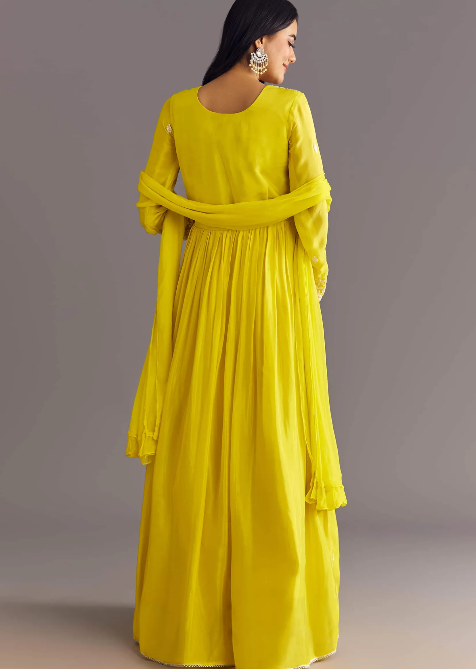 Lemon Yellow Chinon Anarkali With Moti And Sequins Embroidery