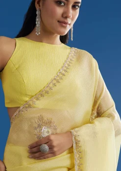 Lemon Yellow Crushed Tissue Saree With Embroidered Scallop Border