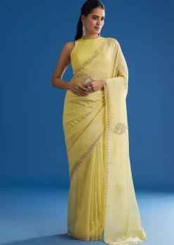 Lemon Yellow Crushed Tissue Saree With Embroidered Scallop Border